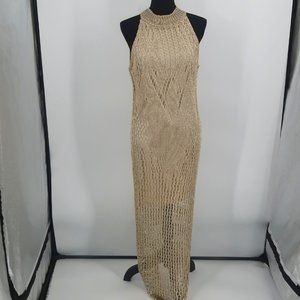 Venus Gold High Neck Dress w Metallic Crochet Style Overlay Size Large